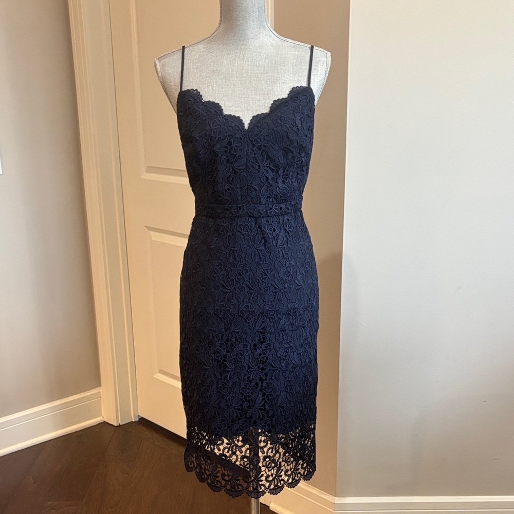 J.Crew Navy Lace midi Sheath dress with guipure lace Spaghetti Straps size 8
